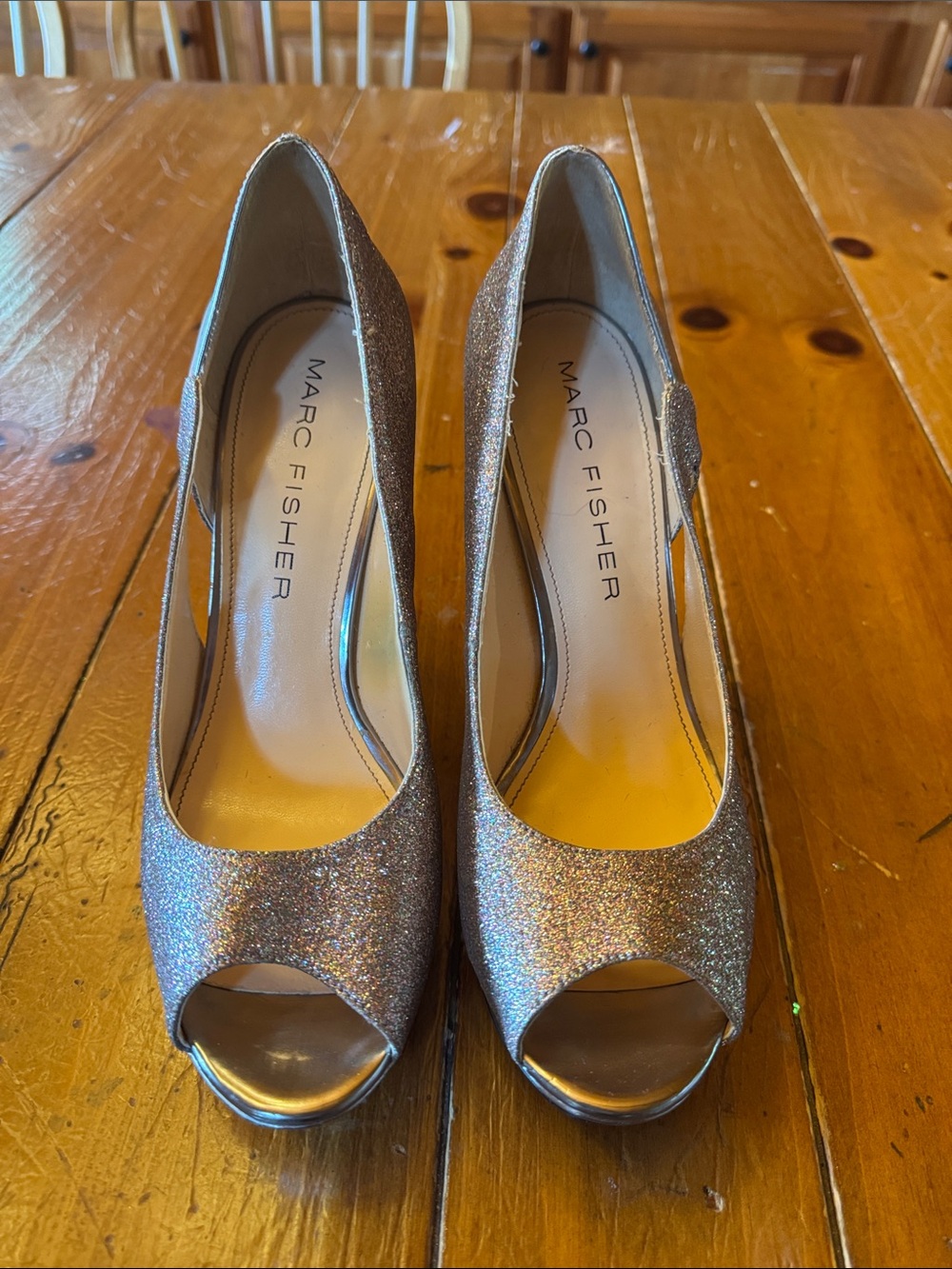 Marc Fisher Glitter Peep-Toe Heels in Rose Gold